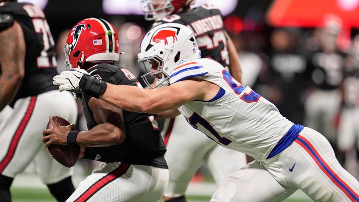 Atlanta Falcons quarterback Michael Penix Jr. is sacked by Buffalo Bills defensive end Joey Bosa. Mandatory Credit: Dale Zanine-Imagn Images