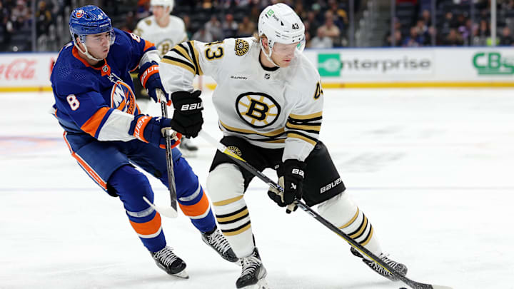 Dec 15, 2023; Elmont, New York, USA; Boston Bruins left wing Danton Heinen (43) controls the puck against New York Islanders defenseman Noah Dobson (8) during the first period at UBS Arena. Mandatory Credit: Brad Penner-Imagn Images