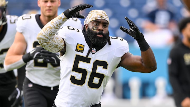 Dec 28, 2025; Nashville, Tennessee, USA;  New Orleans Saints linebacker Demario Davis (56) stretches against the Tennessee Titans during pre-game warmups at Nissan Stadium. Mandatory Credit: Steve Roberts-Imagn Images