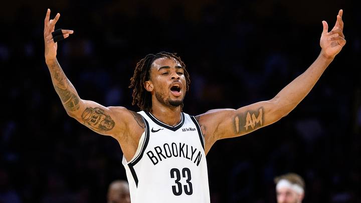 Mar 27, 2026; Los Angeles, California, USA; Brooklyn Nets center Nic Claxton (33) reacts during the first half against the Los Angeles Lakers at Crypto.com Arena. Mandatory Credit: William Liang-Imagn Images Mar 27, 2026; Los Angeles, California, USA; Brooklyn Nets center Nic Claxton (33) reacts during the first half against the Los Angeles Lakers at Crypto.com Arena. Mandatory Credit: William Liang-Imagn Images