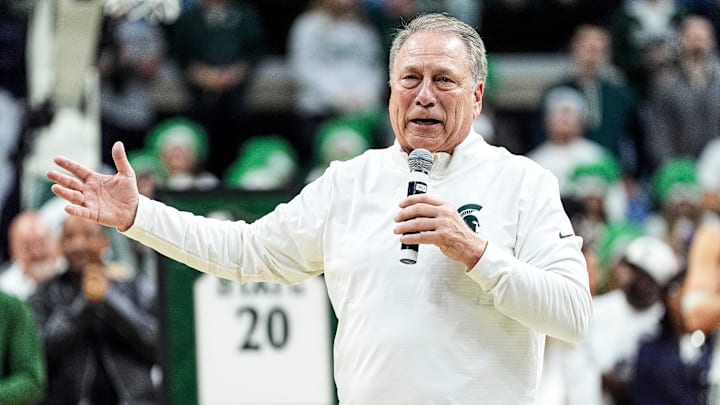 Michigan State head coach Tom Izzo speaks during senior day celebration after the game between Michigan State and Rutgers at Breslin Center in East Lansing on Thursday, March 5, 2026.
