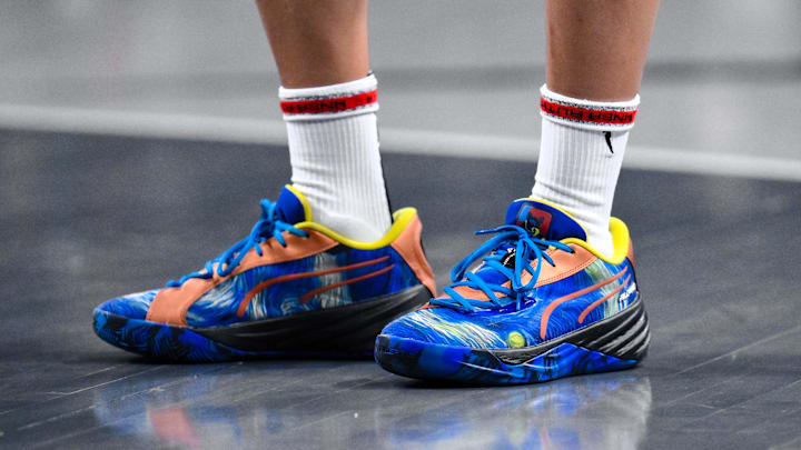Jul 6, 2025; Brooklyn, New York, USA; The shoes worn by Seattle Storm guard Skylar Diggins (4) are seen during the first half against the New York Liberty  at Barclays Center. Mandatory Credit: John Jones-Imagn Images