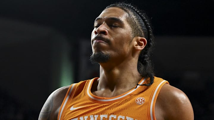 Feb 22, 2025; College Station, Texas, USA; Tennessee Volunteers guard Zakai Zeigler (5) reacts during the second half against the Texas A&M Aggies at Reed Arena. Mandatory Credit: Maria Lysaker-Imagn Images 