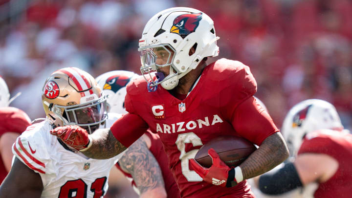 September 21, 2025; Santa Clara, California, USA; Arizona Cardinals running back James Conner (6) during the third quarter against the San Francisco 49ers at Levi's Stadium. Mandatory Credit: Kyle Terada-Imagn Images