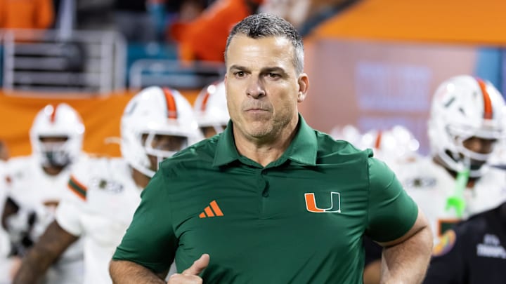 Jan 19, 2026; Miami Gardens, FL, USA; Miami Hurricanes head coach Mario Cristobal against the Indiana Hoosiers during the College Football Playoff National Championship game at Hard Rock Stadium. Mandatory Credit: Mark J. Rebilas-Imagn Images