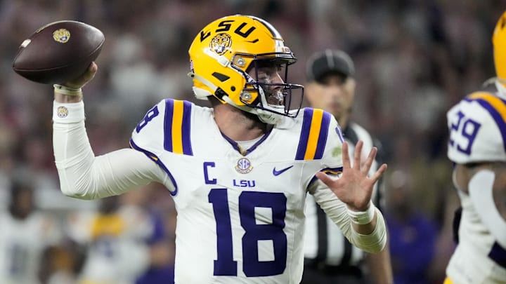 LSU quarterback Garrett Nussmeier (18) throws a pass during the second half of the game with Alabama at Saban Field at Bryant-Denny Stadium. Alabama defeated LSU 20-9. 