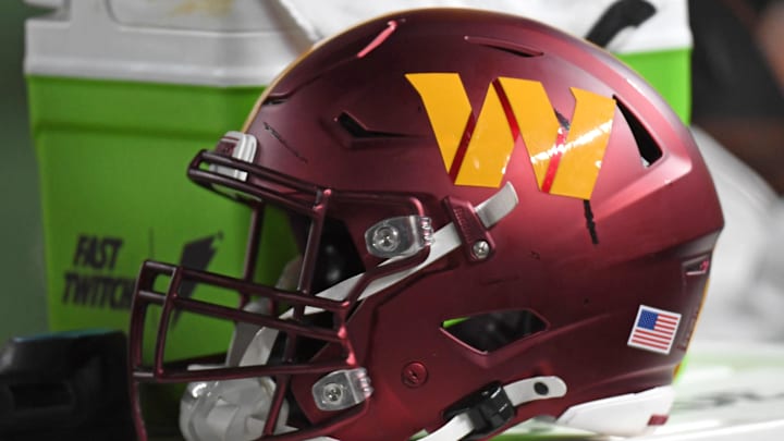 Washington Commanders helmet sits on the sidelines against the Philadelphia Eagles at Lincoln Financial Field. Mandatory Credit: Eric Hartline-Imagn Images