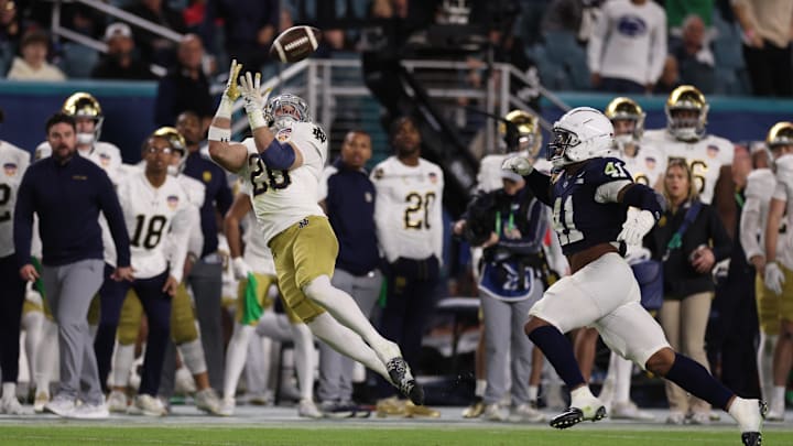 Jan 9, 2025; Miami, FL, USA; Notre Dame Fighting Irish running back Aneyas Williams (20) makes a chat in the second half against the Penn State Nittany Lions in the Orange Bowl at Hard Rock Stadium. Mandatory Credit: Nathan Ray Seebeck-Imagn Images