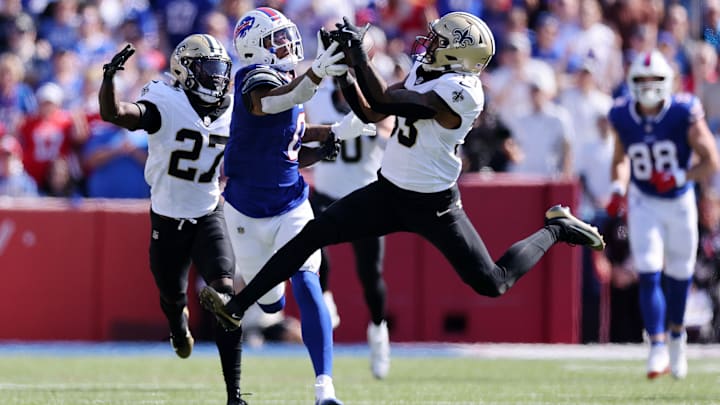 Saints safety Jonas Sanker snags an interception in a noon matchup against the Buffalo Bills on Sep. 28, 2025.