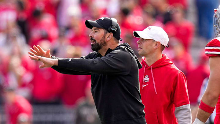 Ohio State Buckeyes head coach Ryan Day speaks to his players in the first half at Ohio Stadium on Saturday, Nov. 9, 2024 in Columbus, Ohio.