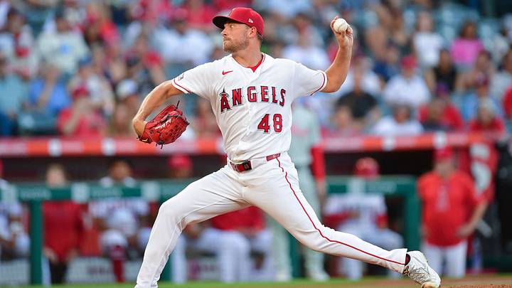 Aug 28, 2026; Anaheim, California, USA; Los Angeles Angels pitcher Reid Detmers (48) throws against the Philadelphia Phillies during the first inning at Angel Stadium. Mandatory Credit: Gary A. Vasquez-Imagn Images