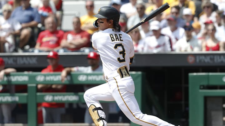 Jun 4, 2023; Pittsburgh, Pennsylvania, USA;  Pittsburgh Pirates center fielder Ji Hwan Bae (3) hits