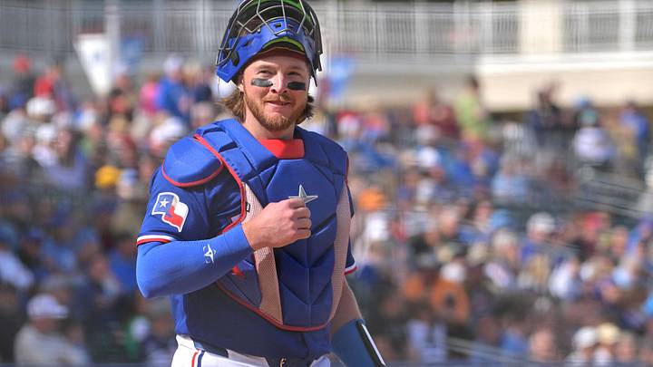 Feb 20, 2026; Surprise, Arizona, USA; Texas Rangers catcher Willie MacIver (47) in the sixth inning against the Kansas City Royals at Surprise Stadium. Mandatory Credit: Jayne Kamin-Oncea-Imagn Images Feb 20, 2026; Surprise, Arizona, USA; Texas Rangers catcher Willie MacIver (47) in the sixth inning against the Kansas City Royals at Surprise Stadium. Mandatory Credit: Jayne Kamin-Oncea-Imagn Images