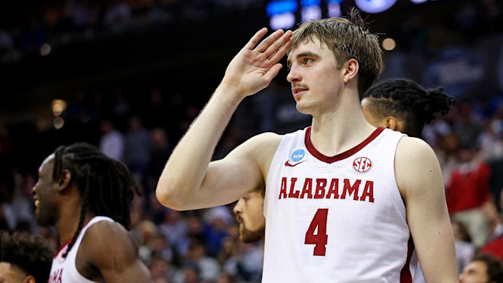 Mar 27, 2025; Newark, NJ, USA; Alabama Crimson Tide forward Grant Nelson (4) celebrates during the second half against the Brigham Young Cougars during an East Regional semifinal of the 2025 NCAA tournament at Prudential Center. Mandatory Credit: Vincent Carchietta-Imagn Images Mar 27, 2025; Newark, NJ, USA; Alabama Crimson Tide forward Grant Nelson (4) celebrates during the second half against the Brigham Young Cougars during an East Regional semifinal of the 2025 NCAA tournament at Prudential Center. Mandatory Credit: Vincent Carchietta-Imagn Images