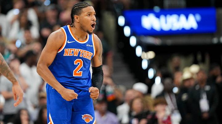 Jun 5, 2026; San Antonio, Texas, USA; New York Knicks guard Miles McBride (2) celebrates during the fourth quarter during game two of the 2026 NBA Finals at Frost Bank Center. Mandatory Credit: Scott Wachter-Imagn Images