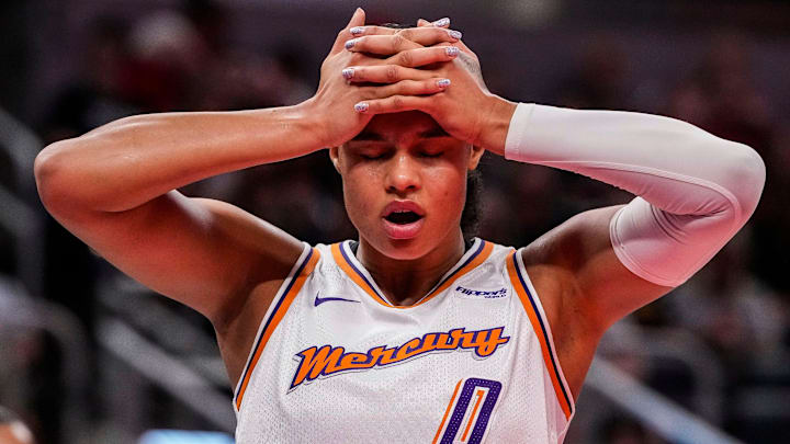 Phoenix Mercury forward Satou Sabally (0) holds her head Wednesday, July 30, 2025, during the game at Gainbridge Fieldhouse in Indianapolis. The Indiana Fever defeated the Phoenix Mercury, 107-101. Phoenix Mercury forward Satou Sabally (0) holds her head Wednesday, July 30, 2025, during the game at Gainbridge Fieldhouse in Indianapolis. The Indiana Fever defeated the Phoenix Mercury, 107-101.