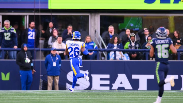 Nov 3, 2024; Seattle, Washington, USA;
Los Angeles Rams safety Kamren Kinchens (26) scores a touchdown against the Seattle Seahawks after making an interception during the second half at Lumen Field. Mandatory Credit: Steven Bisig-Imagn Images Nov 3, 2024; Seattle, Washington, USA;
Los Angeles Rams safety Kamren Kinchens (26) scores a touchdown against the Seattle Seahawks after making an interception during the second half at Lumen Field. Mandatory Credit: Steven Bisig-Imagn Images