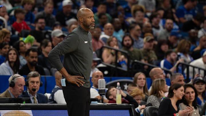 Orlando Magic head coach Jamahl Mosley (hc) on the sideline against the Sacramento Kings in the second quarter at Kia Center.