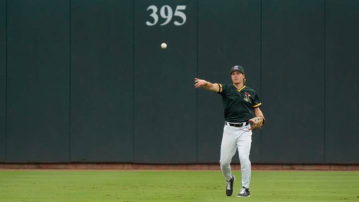 Aug 2, 2025; North Augusta, South Carolina, USA; GreenJackets outfielder Eric Hartman (17) throws the ball during the Augusta GreenJackets and Carolina Mudcats game at SRP Park. The GreenJackets won the fifth game of the series 5-3. Mandatory Credit: Katie Goodale - Augusta Chronicle/USA TODAY NETWORK