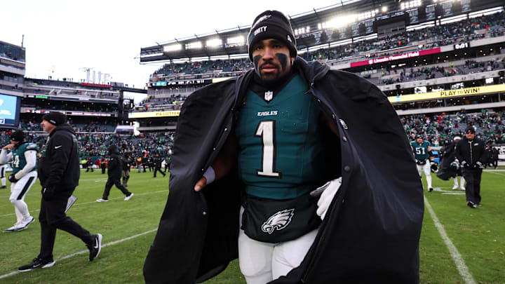 Dec 14, 2025; Philadelphia, Pennsylvania, USA; Philadelphia Eagles quarterback Jalen Hurts (1) walks across the field after a victory against the Las Vegas Raiders at Lincoln Financial Field. Mandatory Credit: Bill Streicher-Imagn Images
