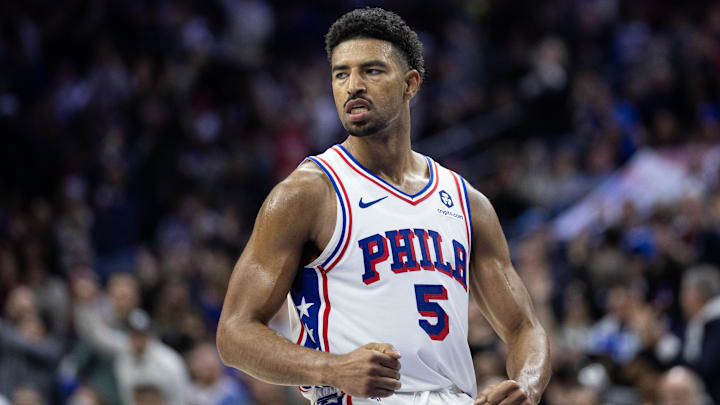 Feb 22, 2025; Philadelphia, Pennsylvania, USA; Philadelphia 76ers guard Quentin Grimes (5) reacts after scoring against the Brooklyn Nets during the fourth quarter at Wells Fargo Center. Mandatory Credit: Bill Streicher-Imagn Images Feb 22, 2025; Philadelphia, Pennsylvania, USA; Philadelphia 76ers guard Quentin Grimes (5) reacts after scoring against the Brooklyn Nets during the fourth quarter at Wells Fargo Center. Mandatory Credit: Bill Streicher-Imagn Images