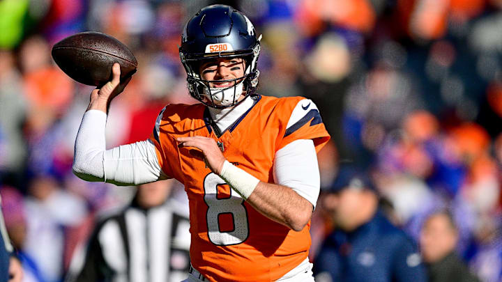 DENVER, CO - JANUARY 17: Denver Broncos quarterback Jarrett Stidham (8) warms up before the AFC Divisional Round game against the Buffalo Bills at Empower Field at Mile High on January 17, 2026 in Denver, Colorado. 