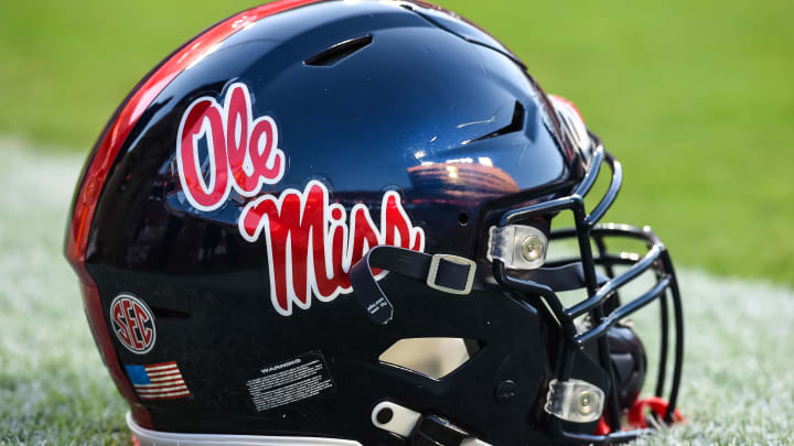 Oct 16, 2021; Knoxville, Tennessee, USA; Mississippi Rebels helmet on the field before a game