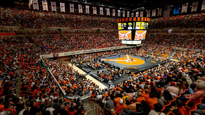Feb 25, 2024; Stillwater, Okla, USA; Iowa's Drake Ayala wrestles Oklahoma State's Troy Spratley at 125lbs in front of a sold out crowd at Gallagher Iba Arena. Mandatory Credit: Mitch Alcala-The Oklahoman Feb 25, 2024; Stillwater, Okla, USA; Iowa's Drake Ayala wrestles Oklahoma State's Troy Spratley at 125lbs in front of a sold out crowd at Gallagher Iba Arena. Mandatory Credit: Mitch Alcala-The Oklahoman