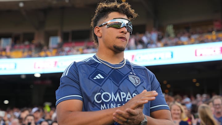 Apr 13, 2024; Kansas City, Kansas, USA; Kansas City Chiefs quarterback Patrick Mahomes before a match between Inter Miami CF and Sporting Kansas City at Children's Mercy Park. Mandatory Credit: Jay Biggerstaff-Imagn Images