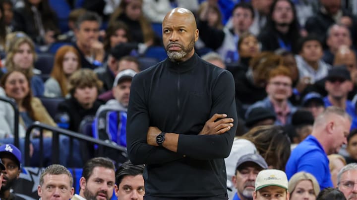 Orlando Magic head coach Jamahl Mosley looks on during the second quarter against the Portland Trail Blazers at Kia Center.