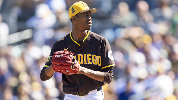 Feb 22, 2026: San Diego Padres pitcher Triston McKenzie against the Los Angeles Dodgers during a spring training game at Peoria Sports Complex. 