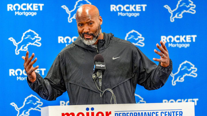 Detroit Lions Executive Vice President & General Manager Brad Holmes speaks to the press about their season, how it ended and what’s next at the Detroit Lions headquarters and training facility in Allen Park, Mich., Thursday, Jan. 23, 2025.