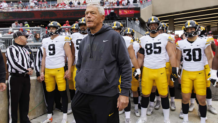 Oct 14, 2023; Madison, Wisconsin, USA;  Iowa Hawkeyes head coach Kirk Ferentz looks on before taking the field prior to the game against the Wisconsin Badgers at Camp Randall Stadium. Mandatory Credit: Jeff Hanisch-USA TODAY Sports