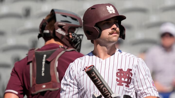 May 21, 2025; Hoover, AL, USA; Mississippi State designated hitter Noah Sullivan (18) comes to bat against Texas A&M in the first round of the SEC Baseball Tournament at the Hoover Met.