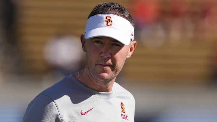 Oct 28, 2023; Berkeley, California, USA; USC Trojans head coach Lincoln Riley walks on the field before a game against the California Golden Bears at California Memorial Stadium. Mandatory Credit: Darren Yamashita-Imagn Images