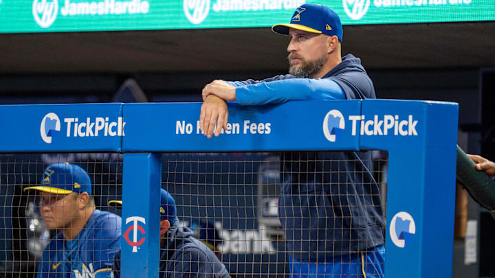 Sep 27, 2024; Minneapolis, Minnesota, USA; Minnesota Twins manager Rocco Baldelli (5) watches play as his team trails the Baltimore Orioles 7-0 in the eighth inning at Target Field.