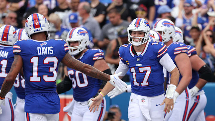 Bills quarterback Josh Allen celebrates a touchdown in a 38-10 win over the Raiders.