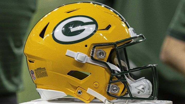 Nov 27, 2025; Detroit, Michigan, USA; A Green Bay Packers helmet is seen against the Detroit Lions during the third quarter at Ford Field. Mandatory Credit: David Reginek-Imagn Images