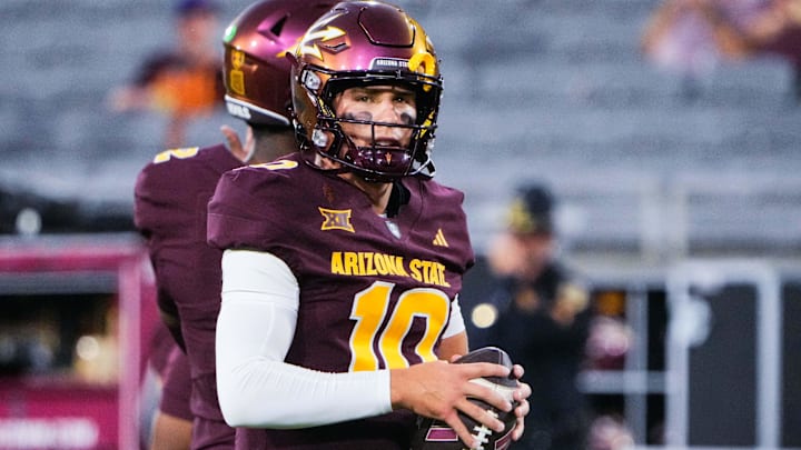 Sep 13, 2025; Tempe, Arizona, USA; Arizona State Sun Devils quarterback Sam Leavitt (10) warms-up before a game against Texas State Bobcats at Mountain America Stadium. Mandatory Credit: Arianna Grainey-Imagn Images Sep 13, 2025; Tempe, Arizona, USA; Arizona State Sun Devils quarterback Sam Leavitt (10) warms-up before a game against Texas State Bobcats at Mountain America Stadium. Mandatory Credit: Arianna Grainey-Imagn Images