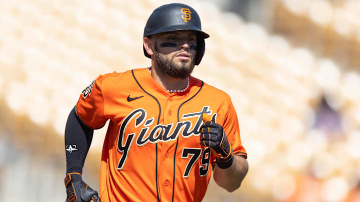 Mar 2, 2026; Phoenix, Arizona, USA; San Francisco Giants catcher Jesus Rodriguez against the Chicago White Sox during a spring training game at Camelback Ranch-Glendale. Mandatory Credit: Mark J. Rebilas-Imagn Images