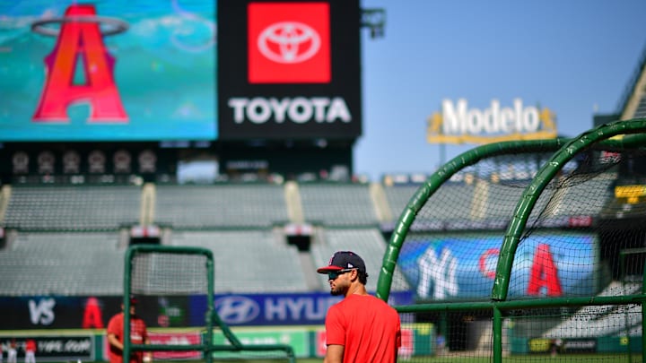 May 27, 2025; Anaheim, California, USA; Los Angeles Angels center fielder Matthew Lugo (15) before playing against the New York Yankees at Angel Stadium. Mandatory Credit: Gary A. Vasquez-Imagn Images