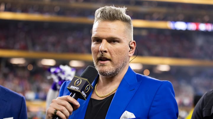 Jan 9, 2023; Inglewood, CA, USA; ESPN football analyst Pat McAfee during the TCU Horned Frogs game against the Georgia Bulldogs during the CFP national championship game at SoFi Stadium. Mandatory Credit: Mark J. Rebilas-Imagn Images