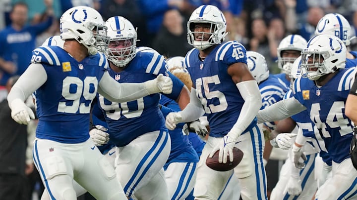 Indianapolis Colts linebacker E.J. Speed (45) reacts after making an interception Sunday, Nov. 10, 2024, during a game against the Buffalo Bills at Lucas Oil Stadium in Indianapolis.