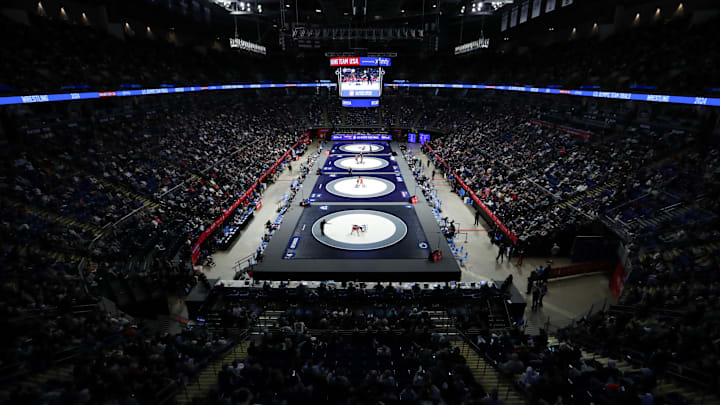 A general view from above as wrestlers compete during the U.S. Olympic Wrestling Team Trials at Penn State's Bryce Jordan Center. 