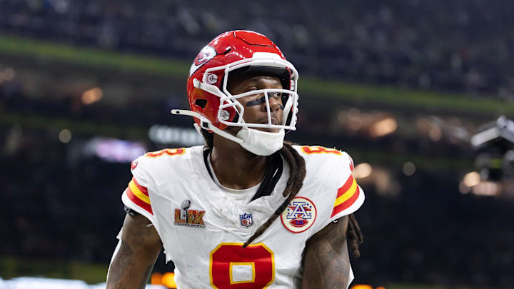 Feb 9, 2025; New Orleans, LA, USA;  Kansas City Chiefs wide receiver DeAndre Hopkins (8) against the Philadelphia Eagles in Super Bowl LIX at Ceasars Superdome. Mandatory Credit: Mark J. Rebilas-Imagn Images