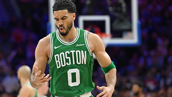 Apr 24, 2026; Philadelphia, Pennsylvania, USA; Boston Celtics forward Jayson Tatum (0) reacts after a three point basket against the Philadelphia 76ers during the second half at Xfinity Mobile Arena. Mandatory Credit: Eric Hartline-Imagn Images