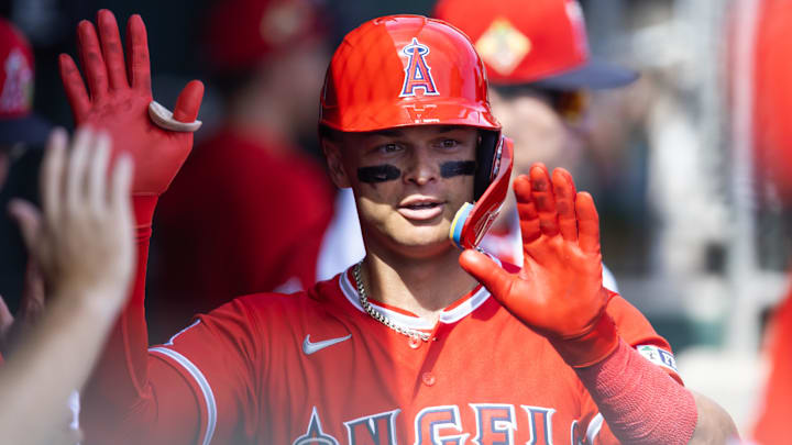 Mar 1, 2026; Phoenix, Arizona, USA; Los Angeles Angels catcher Logan O'Hoppe celebrates with teammates in the dugout after hitting a home run against the Los Angeles Dodgers during a spring training game at Camelback Ranch-Glendale. Mandatory Credit: Mark J. Rebilas-Imagn Images