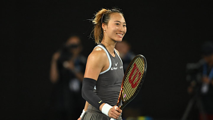 Qinwen Zheng has worn an elbow sleeve through the first few months of the WTA season.