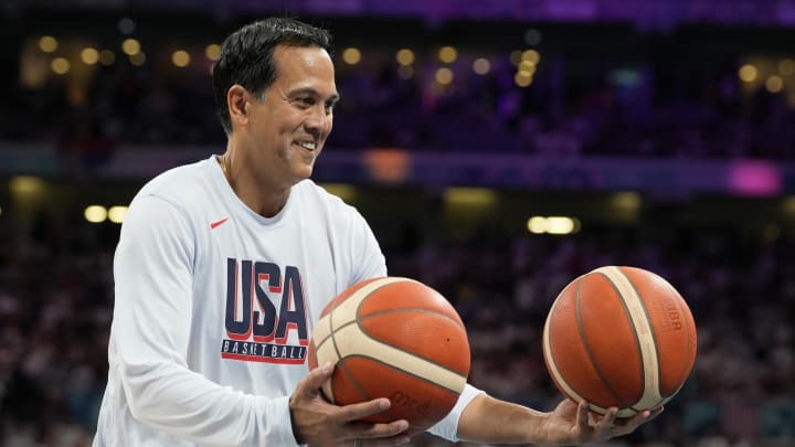Jul 28, 2024; Villeneuve-d'Ascq, France; USA basketball assistant coach Erik Spoelstra before a game against Serbia during the Paris 2024 Olympic Summer Games at Stade Pierre-Mauroy. Mandatory Credit: John David Mercer-USA TODAY Sports Jul 28, 2024; Villeneuve-d'Ascq, France; USA basketball assistant coach Erik Spoelstra before a game against Serbia during the Paris 2024 Olympic Summer Games at Stade Pierre-Mauroy. Mandatory Credit: John David Mercer-USA TODAY Sports