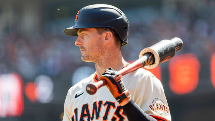 Apr 4, 2025; San Francisco, California, USA; San Francisco Giants outfielder Mike Yastrzemski (5) gets ready to bat during the second inning against the Seattle Mariners at Oracle Park. Mandatory Credit: Bob Kupbens-Imagn Images Apr 4, 2025; San Francisco, California, USA; San Francisco Giants outfielder Mike Yastrzemski (5) gets ready to bat during the second inning against the Seattle Mariners at Oracle Park. Mandatory Credit: Bob Kupbens-Imagn Images